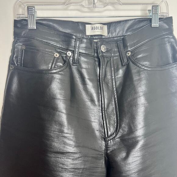 AGOLDE 90`s Pinch Waist Recycled Leather Straight Leg Black Womens Size 28 - Picture 12 of 16